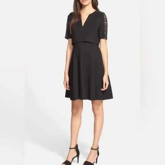 Rebecca Taylor Size 8 Black Fit and Flare V-Neck Ponte Dress - Picture 1 of 10